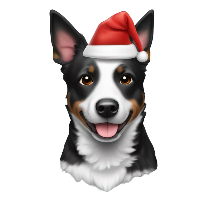 Fully black and white Australian cattle dog with Santa hat sticker
