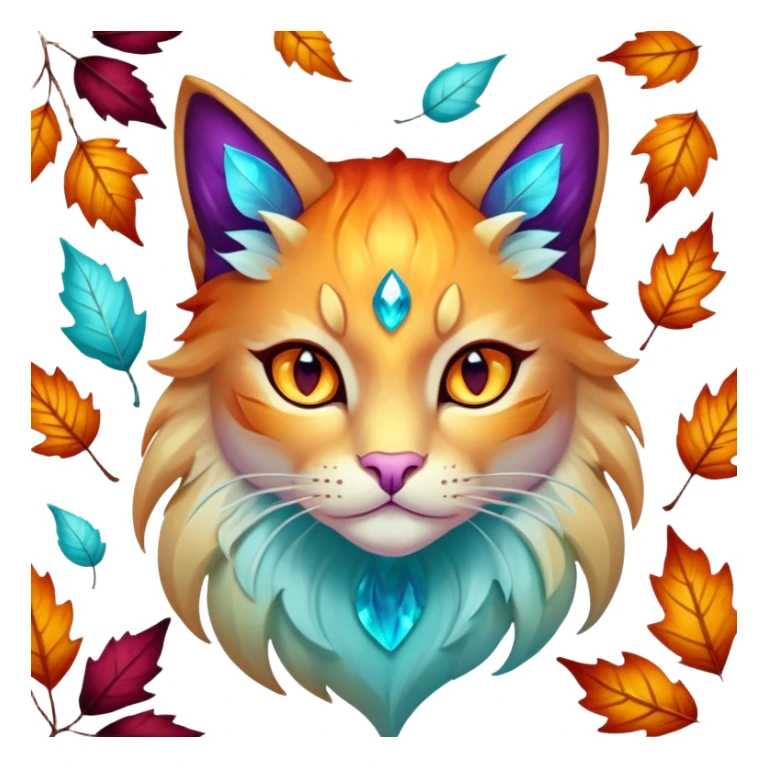 This fascinating hybrid creature combines the crystalline structure of a feline with the warm autumn foliage of a leaf being. Its core body maintains the sleek shape of a cat but is composed of translucent crystals that shift between turquoise blue and amber-orange hues. The creature's face features a blend of feline features with the gentle expression of the leaf being – sharp crystalline ears frame a round, friendly face with glowing purple-amber eyes. Most striking is how autumn leaves emerge from its crystalline body, forming a mane-like collar around its neck and sprouting along its spine and tail. These leaves shimmer with both crystalline properties and natural autumn colors – orange, gold, and deep red – with visible veining that occasionally pulses with energy. When the creature moves, the leaves rustle softly while the crystal body catches light, creating a mesmerizing display of nature and gemstone elements. sticker
