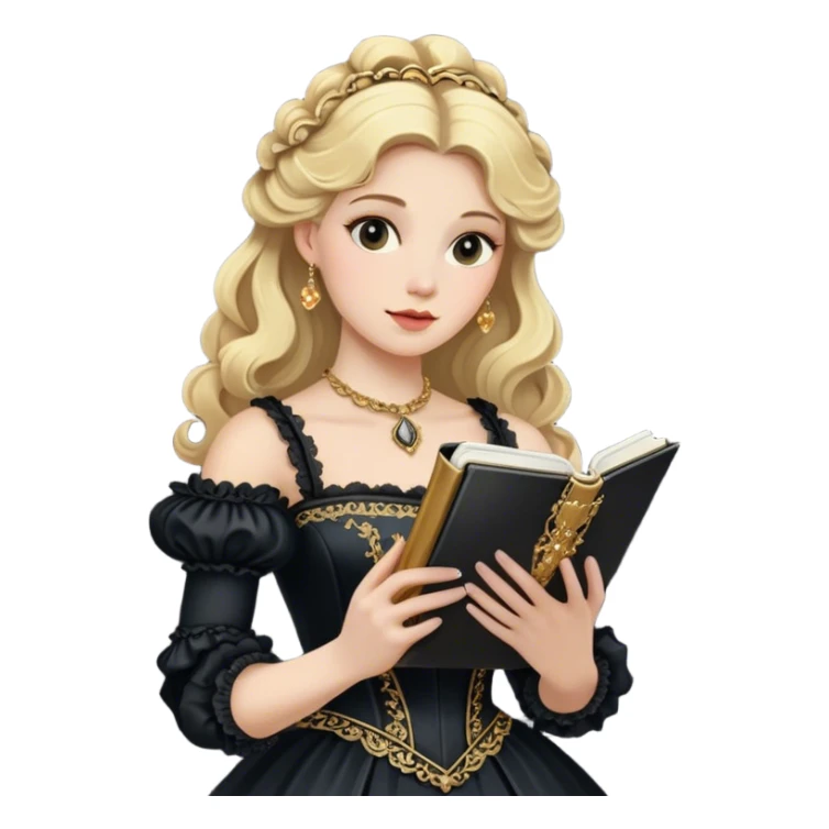 Blonde model wearing a black rococo gown clutching a golden notebook sticker