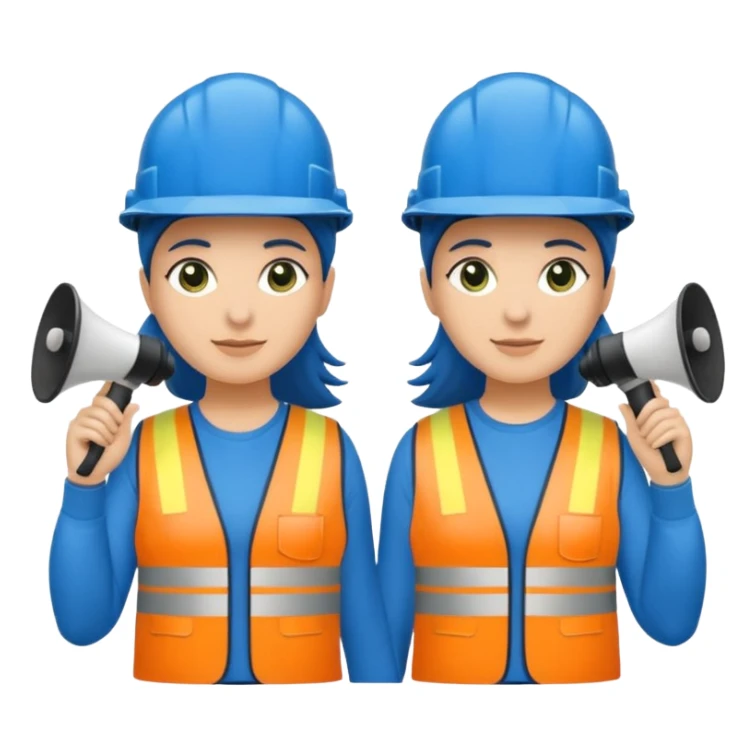 Duas pessoas com capacete de obras azul e um megafone na mão e camisa social cinza com faixas reflexivas verdes nos braços. Deve ser um homem e uma mulher. Os dois capacetes devem será azul escuro. sticker