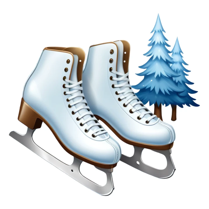 An icon showing In the background, twinkling lights, winter trees, and cheering spectators create a festive atmosphere. a pair of elegant ice skates gliding across a smooth, frozen rink with snowflakes in the air. Transparent background highlights the grace and charm of ice skating. sticker