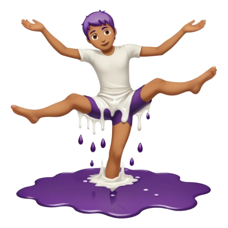 Barefeet balancing in white paint puddle with eggplant  sticker
