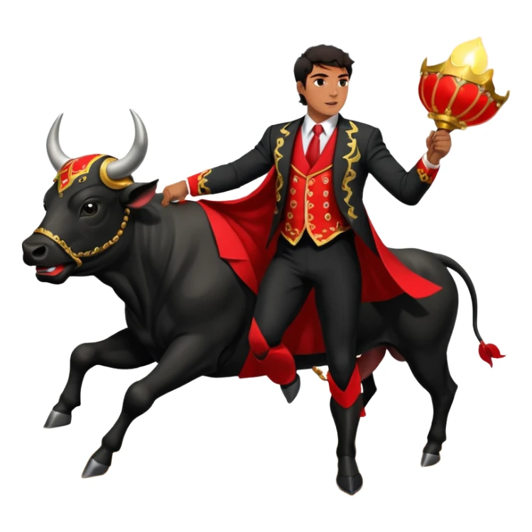 Create a realistic image of a traditional bullfighting scene in a Spanish arena.
Show a bullfighter (matador) HOLDING a red cape (muleta) not wearing one. as a powerful black bull charges toward it. sticker