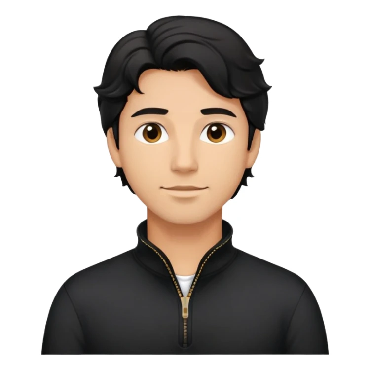 Man with wavy black hair in comfortable black zippered collar shirt, regular fit not tight sticker