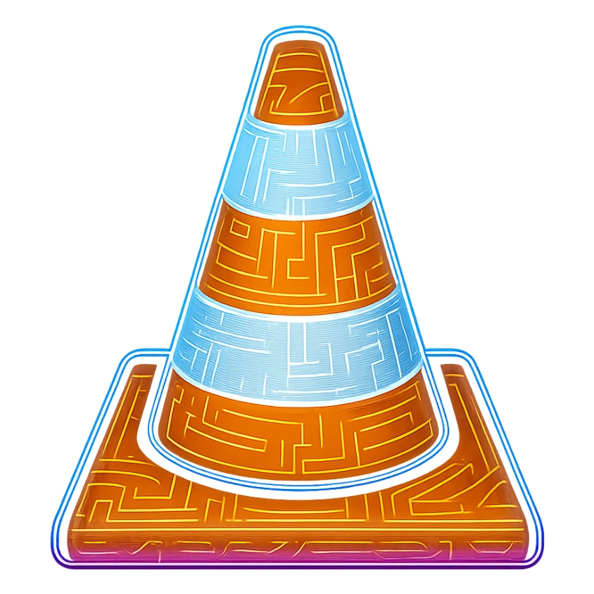 Recreate the VLC cone icon in a cyberpunk style with a strong glowing neon effect. Use vibrant orange and white for the cone, accented by glowing blue and pink neon edges. Overlay intricate circuit patterns throughout the icon. The style should be flat, clean, and futuristic with a luminous, holographic glow like other cyberpunk icons. Avoid 3D shading. Transparent background. sticker