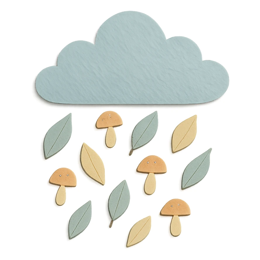 cloud raining tiny leaves and mushrooms, whimsical rain, pastel tones, paper-craft style sticker