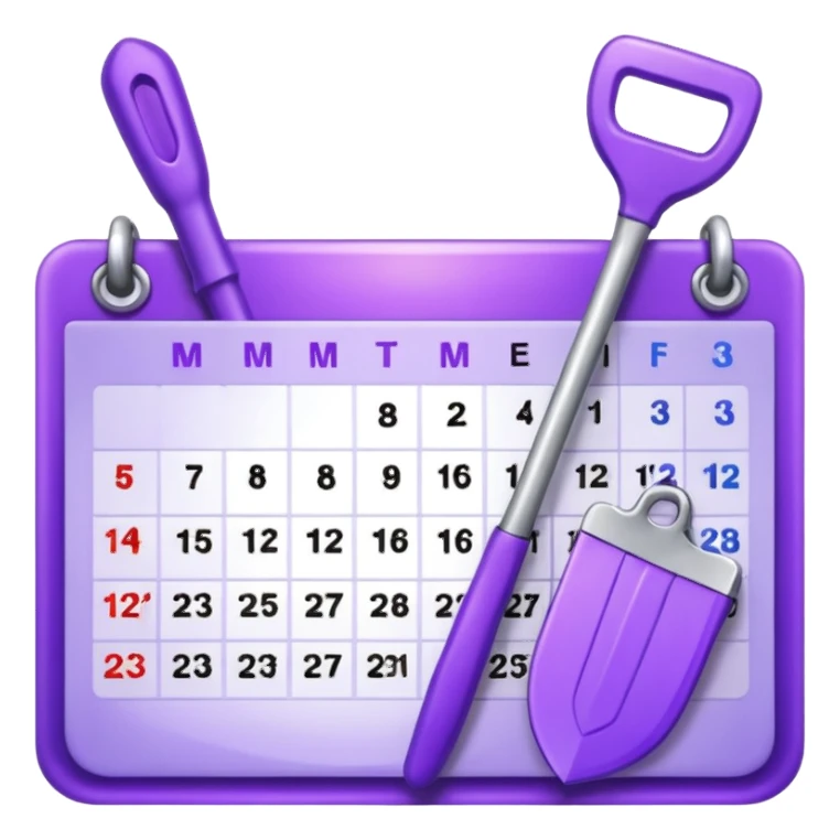calendar icon with violet garden tools near. Transparent background sticker
