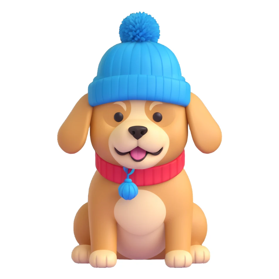 a dog wearing a winter hat with a pom-pom sticker