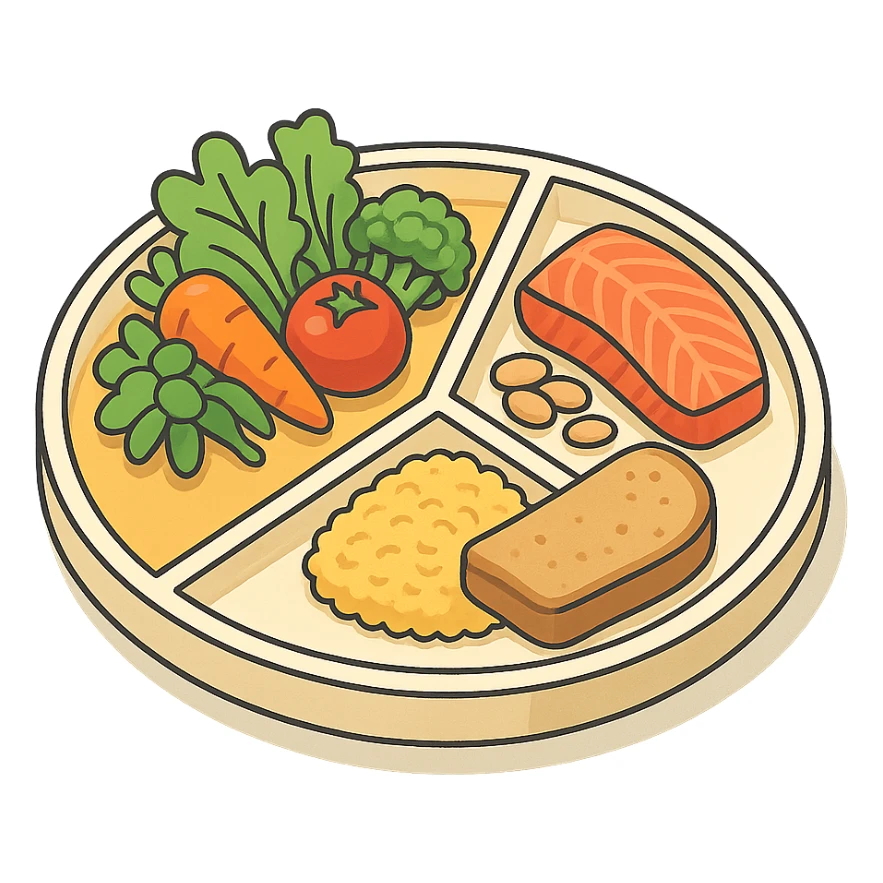 Harvard plate, isometric view, 50% vegetables, 25% proteins, 25% complex carbohydrates, sectors with corresponding foods, very detailed drawing, shadows and highlights, clean contours, soft lighting, transparent background sticker