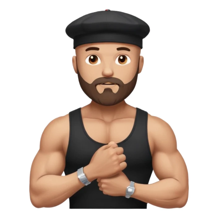 Buff bald bearded guy in black cap flexing, Instagram icon on chest, papers flying around, sparkles, minimal style sticker