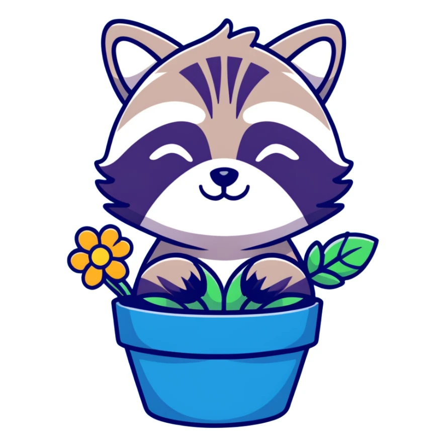 sleepy raccoon inside a flower pot, pastel earthy colors sticker