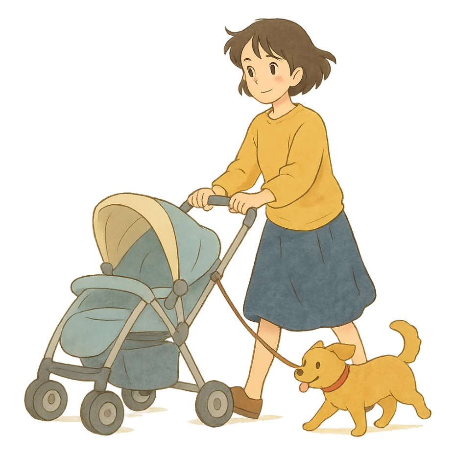 ghibli style girl walking with a stroller and dog on a leash, soft colors sticker