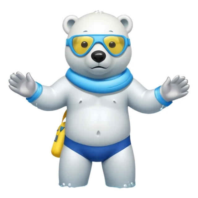 friendly anthropomorphised polar bear standing in a small puddle, wearing baggy board shorts, inflatable swimming armbands, scuba mask over eyes sticker