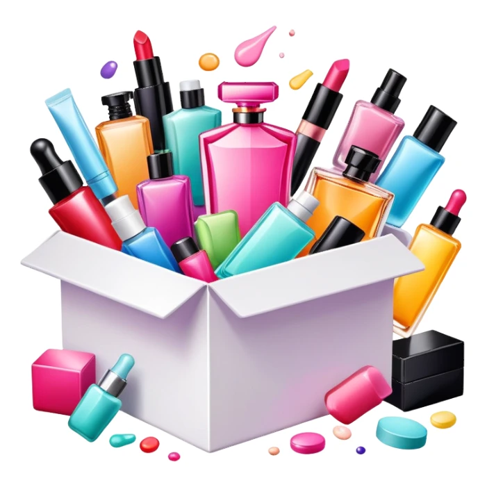 an opened box with colorful makeup, skincare bottles, and perfume spilling out sticker