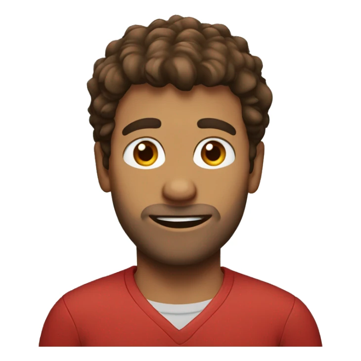 man with brown scruffy hair, brown eyes, red shirt sticker