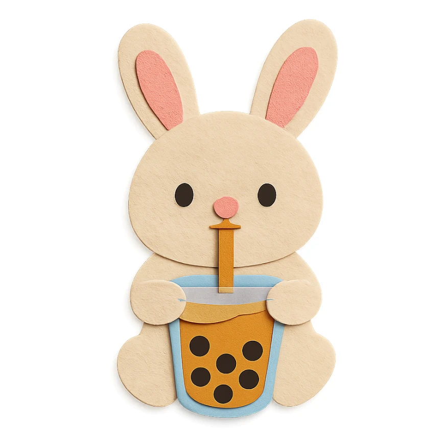 bubble tea bunny sipping boba with both paws, paper-craft style sticker