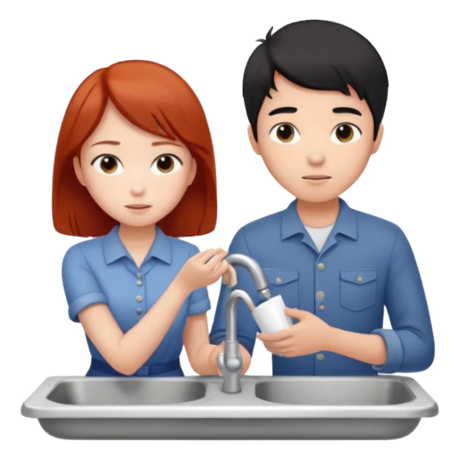 asian black haired boy fixes sink for redhead girlfriend sticker