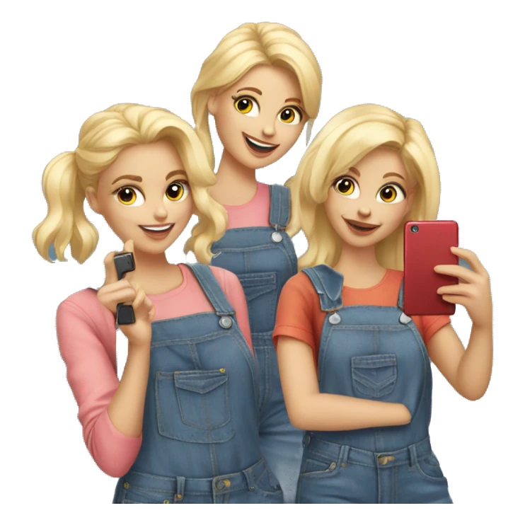 Four blonde ladies in denim overalls, taking a selfie sticker