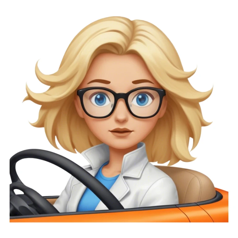 A cinematic realistic blonde with blue eyes and glasses, wearing a white jacket, is driving an orange car, her hair is slightly blowing in the wind sticker