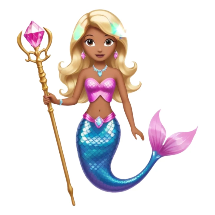 Brown skin blonde hair barbie mermaid with pink diamond tail and wand  sticker