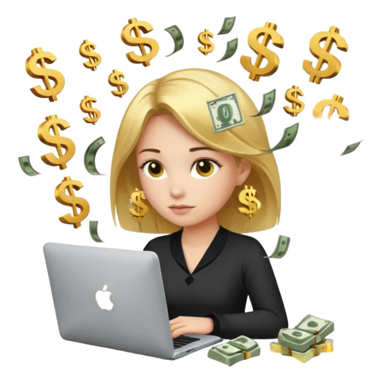 Girl who is trading options on her computer with $ signs in air sticker