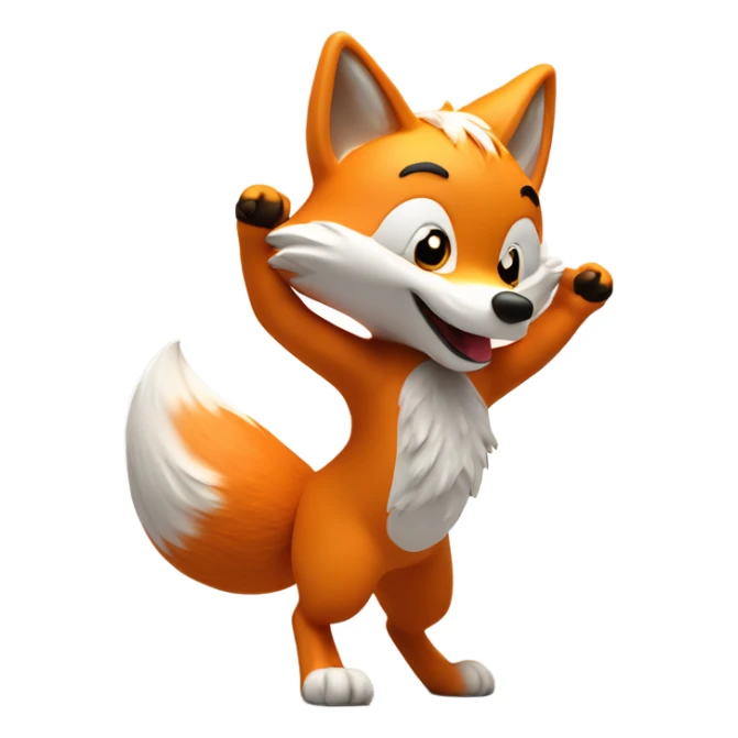emoji of a dancing fox. orange body with fluffy tail. vibrant, exaggerated white paws. soft fur details. playful. enlarged head in cartoon style. head turned towards viewer. 3d lighting. no cast shadows sticker
