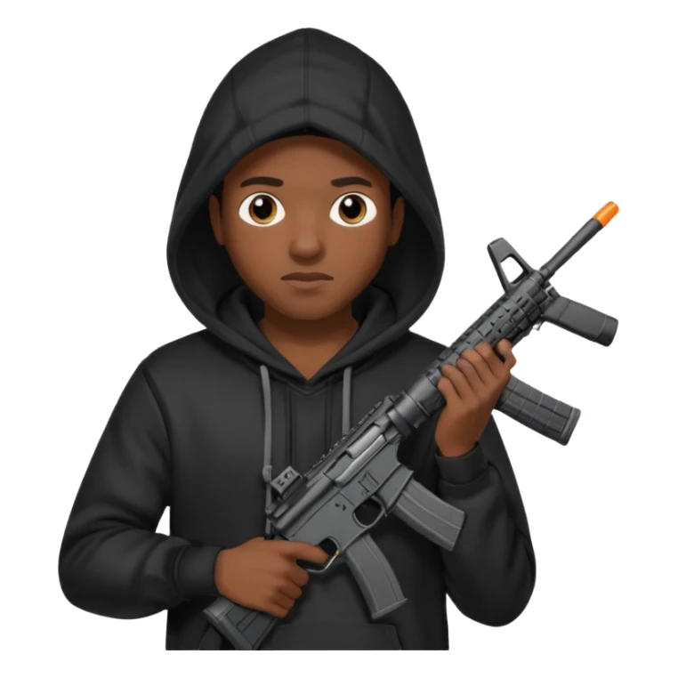 
Fais moi un jeune afro américain qui ressemble a un gangster qui tient une AR15 avec un hoodie a capuche, capuché sticker