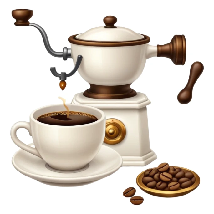 coffee shop essentials: coffee cup, pastry, coffee beans, and coffee grinder sticker