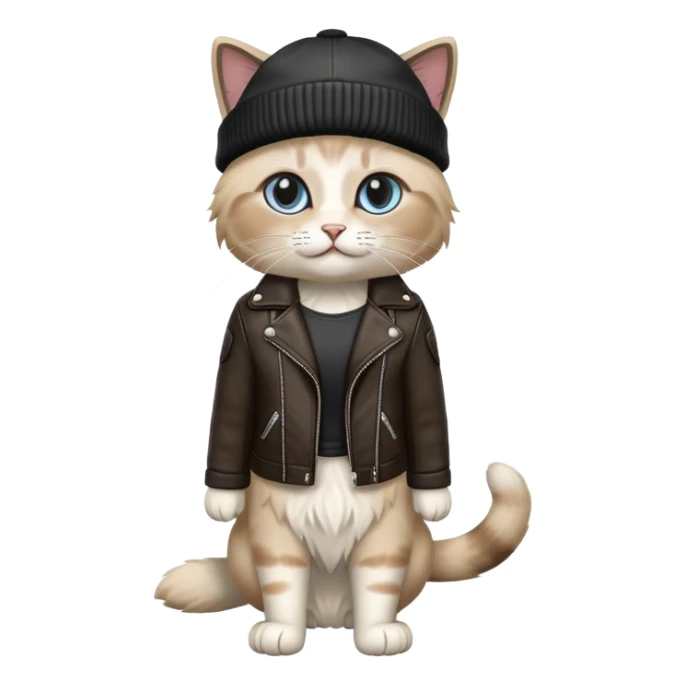 Ragdoll cat wearing a leather jacket and a beanie sticker