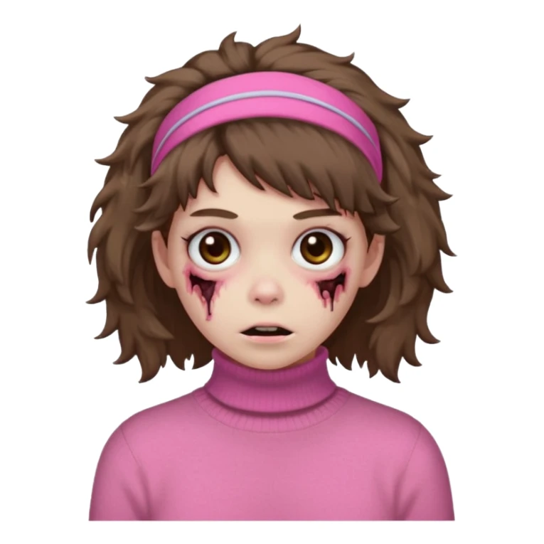 brown fluffy haired zombie with pink turtleneck sweater and hair band sticker
