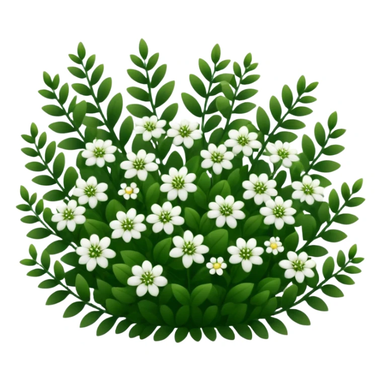 A dense bush with dark leaves and a curved organic shape with small white flower sticker