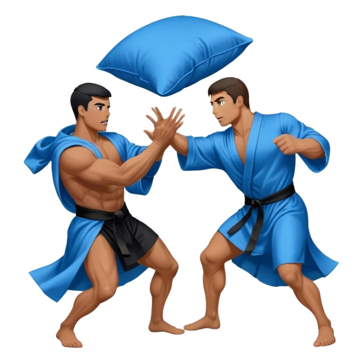 Two muscular men silk blue black robe pillow fight  sticker