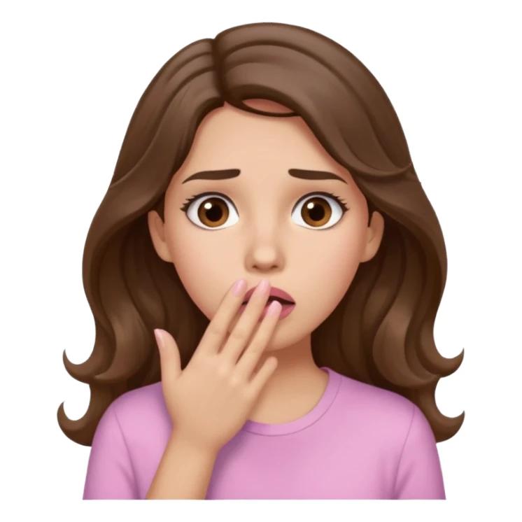 girl with wavy long brown hair, brown eyes, light to medium complexion, long lashes, light pink lipstick, wearing light pink shirt, shocked, hand covering mouth sticker