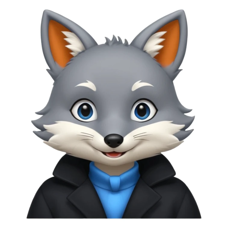 Grey anthropomorphic furry fox with a black coat, blue eyes, and a small fringe of black hair in head, smiling sticker