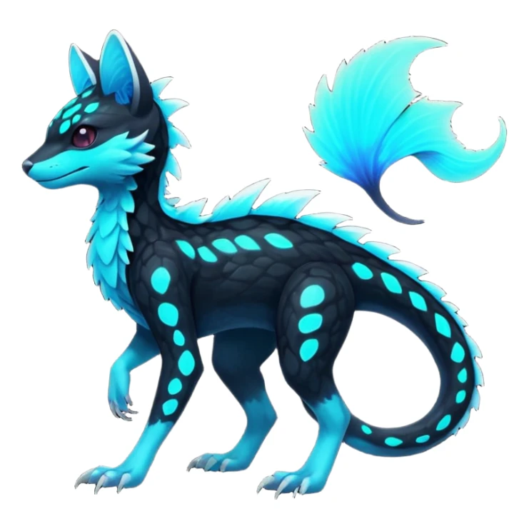 Rare realistic black-scaled neon-glowing bioluminescent edgy badass epic pretty beautiful handsome gorgeous aesthetic colorful vibrant Vernid-Trico-species-Fakemon-creature by LiLaiRa, 4 legs, 1 tail, random markings, (full body) sticker
