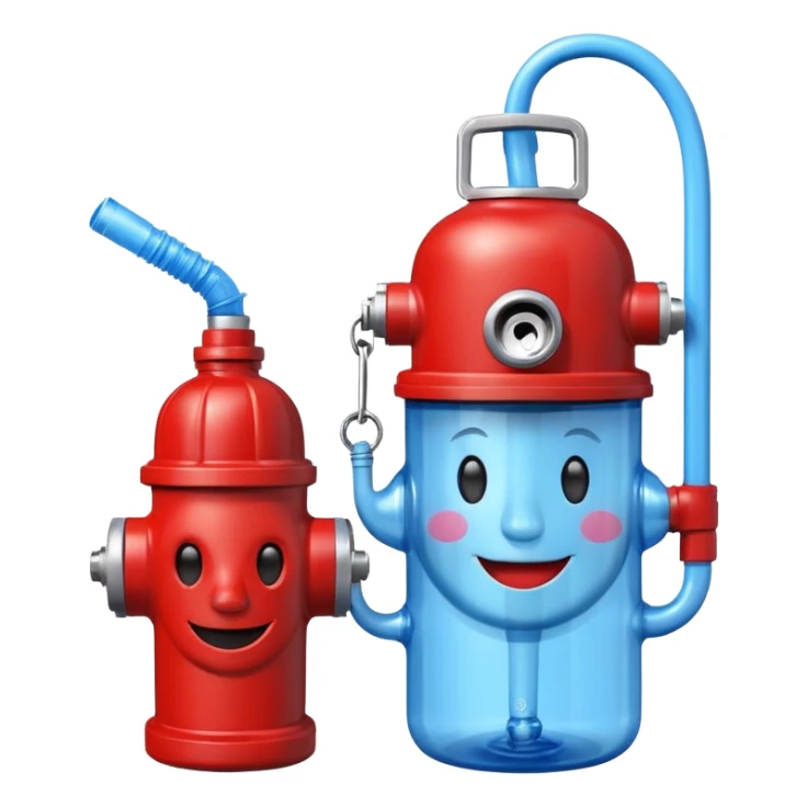 water bottle with face and fire hydrant coming out of straw sticker