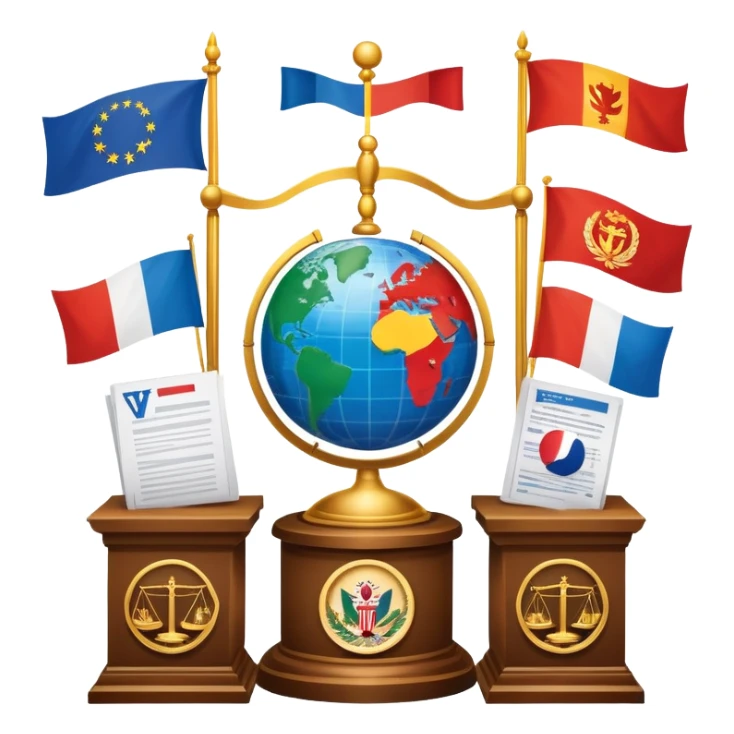 icon featuring podium with a speaker, national flags, and voting ballots, symbolizing political science. The design includes a globe and scales of justice in the background, representing governance, global affairs, and political theory. Transparent background emphasizes civic engagement and policy. sticker