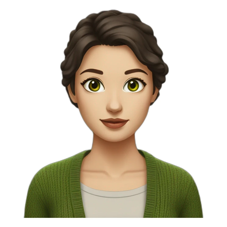 Woman, 25, square face, high cheekbones, small forehead wrinkles, green eyes, short length dark brown hair, wearing cardigan sticker