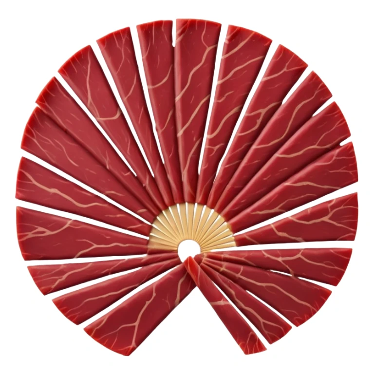 thin slices of air-dried beef, deep burgundy-red color, smooth slightly glossy surface, darker curved edges, fine grain, lean texture, slightly overlapping in loose fan shape, no board, garnish, or packaging, soft lighting, subtle shadows, emoji scale sticker