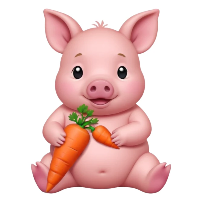 Baby Sitting Piglet – chubby piglet sitting down holding a toy carrot sticker