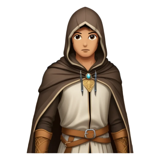 icon featuring a heroic figure in an iconic assassin's hood, standing tall against the backdrop of Florence. The design captures the essence of adventure, with intricate details of historical architecture and a sense of mystery. The character is poised, ready for action. transparent background. sticker