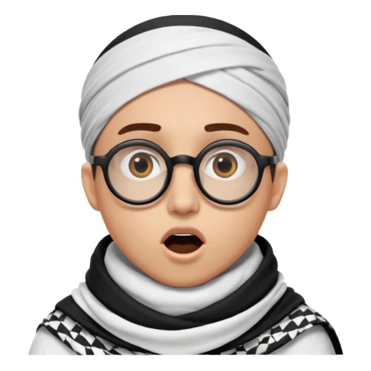 A person with light skin tone, wearing a traditional white keffiyeh with a black agal, large brown eyes, round glasses, and an open mouth showing a surprised or shocked expression. sticker