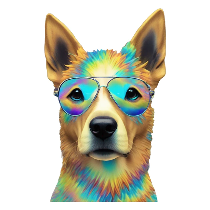 Multicolored rainbow retro groovy tie dye hippie trippy floral patterns on a metallic holographic iridescent blue dog face head unicorn sticker