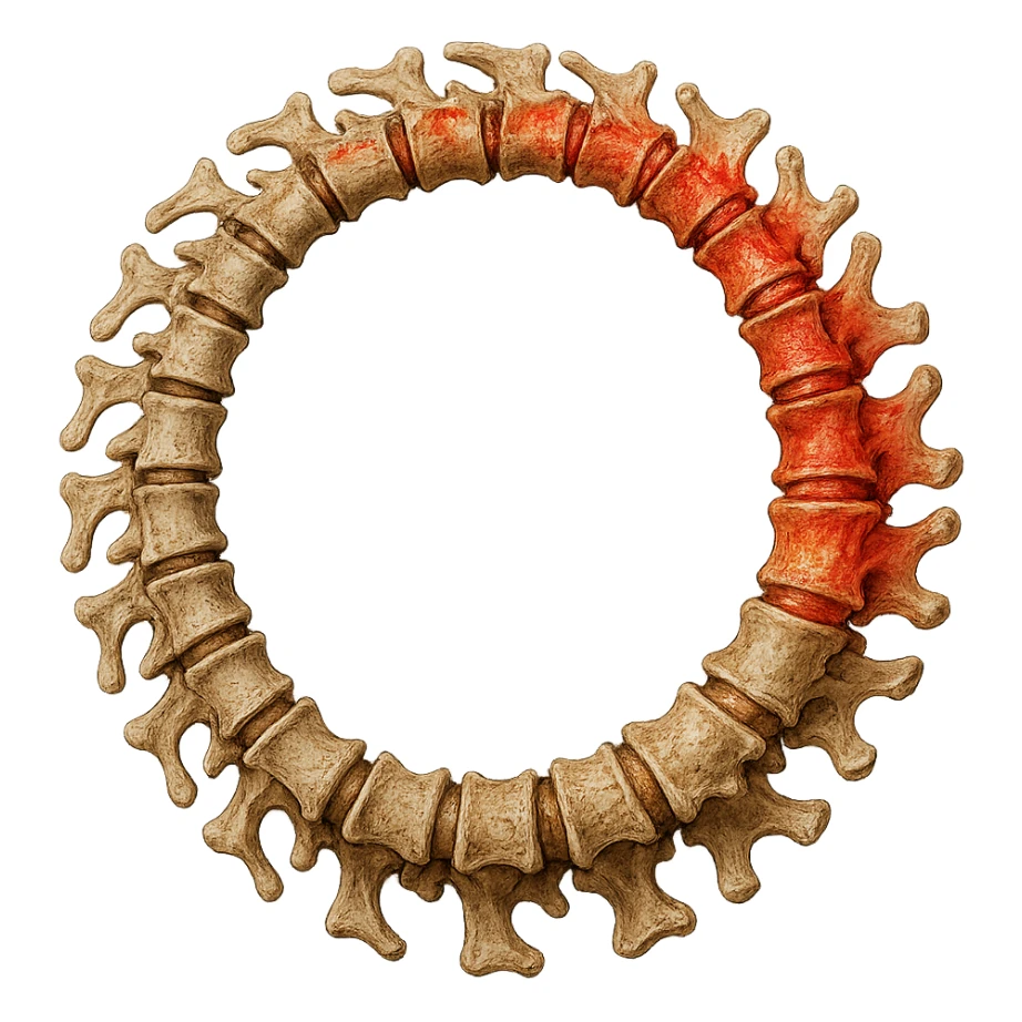 SPINA DORSALE ANATOMICA UMANA REALISTICA infiammata CHIUSA A CERCHIO, iperrealistica 4k, non disegnata sticker