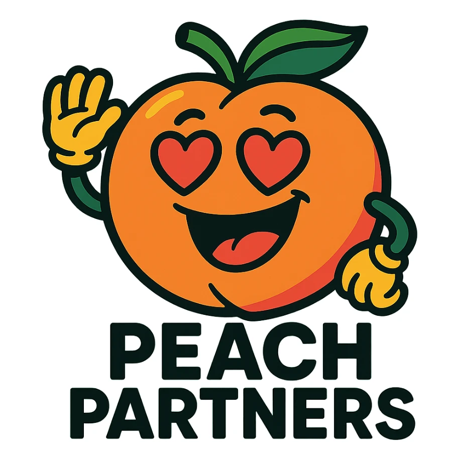 friendly peach mascot for 'Peach Partners' logo, vibrant colors, cheerful expression, peach with heart-shaped eyes sticker