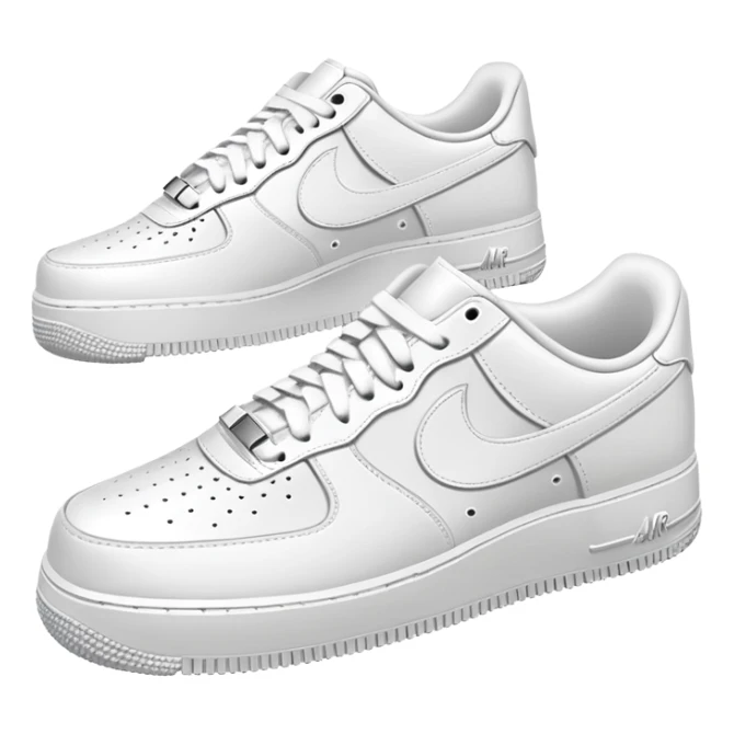 A pair of all-white Nike Air Force 1 sneakers positioned with one behind the other, clean white leather, classic AF1 silhouette, chunky sole sticker
