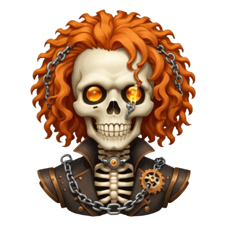 steam-punk Megadeth iconic skeleton mascot with a rusty chain in his teeth, huge curly orange hair sticker