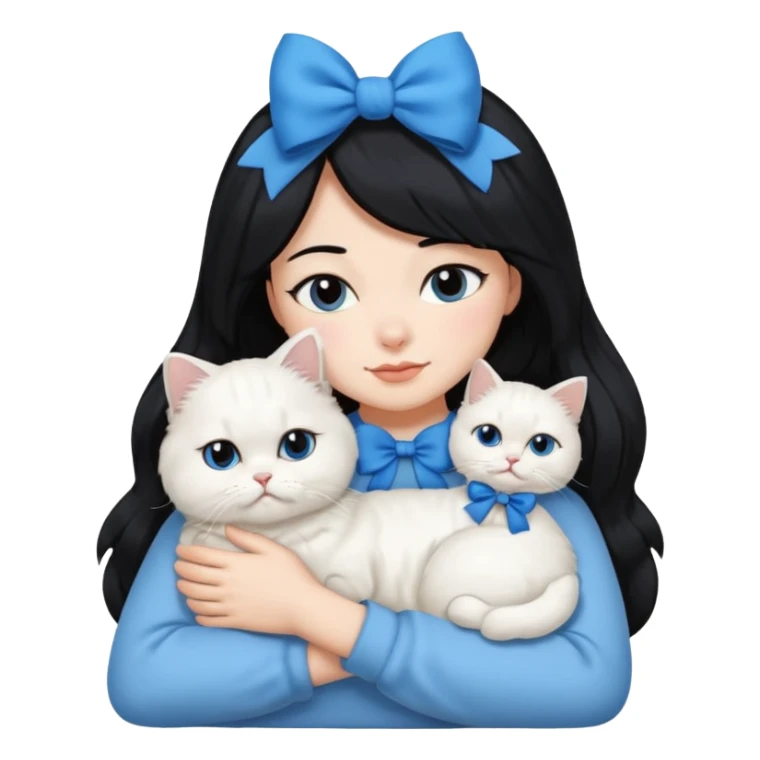 black hair woman snuggling white Persian cat with a blue bow sticker