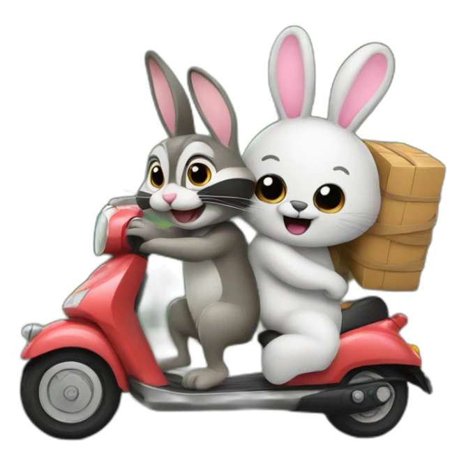 bunny giving a ride to raccoon both on a scooter sticker