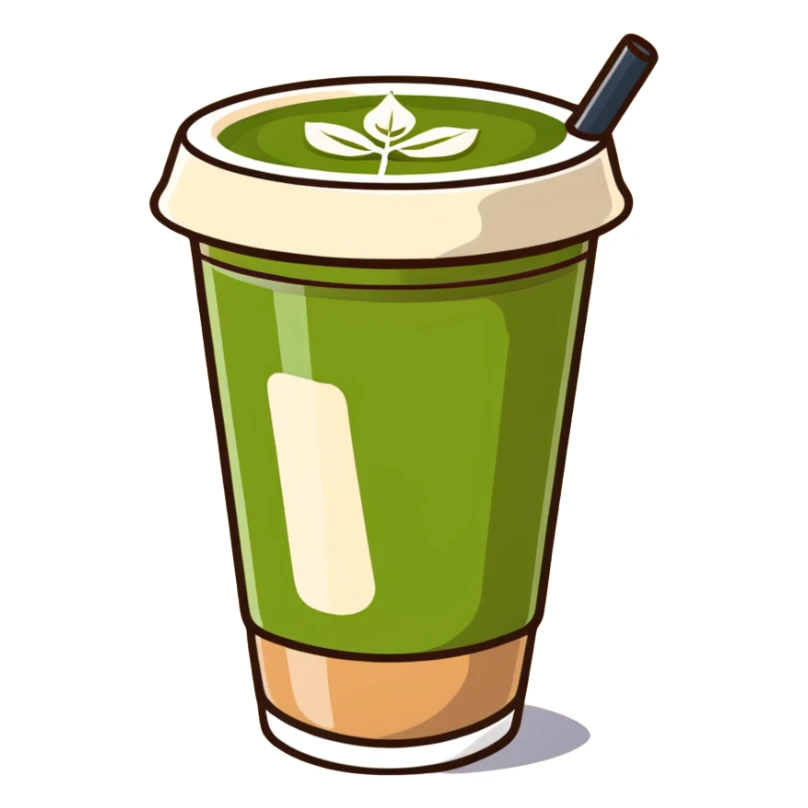 matcha latte with leaf detail, warm olive-brown tones, soft dreamy illustration sticker